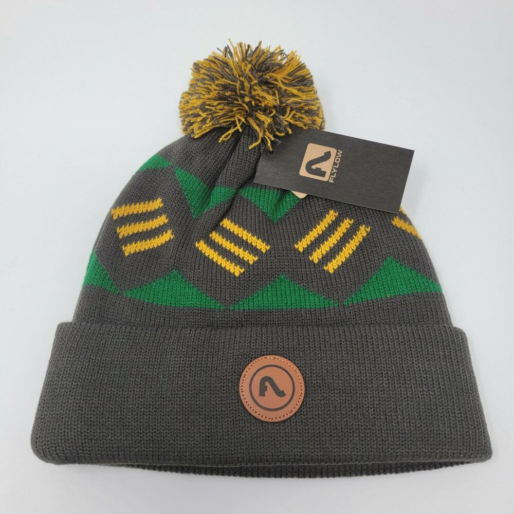 Flylow Revival Pom Beanie Charcoal Gray Yellow Green Knit Hat Unisex Size OSFM